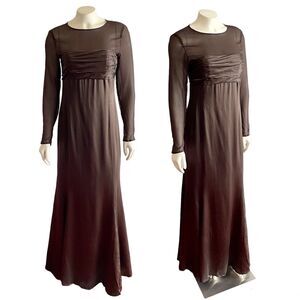 Rena Lange Chocolate Brown Silk Gown Marron Long Sleeve Sheer Maxi 90s Size 6